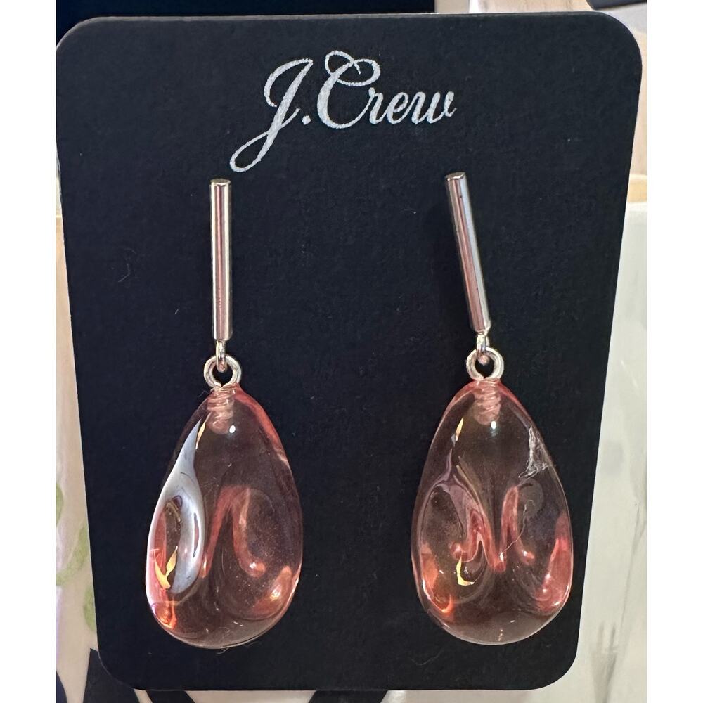 J.Crew Stick-and-Stone Drop Earrings Pink Glass Silver Plated NWT Teardrop